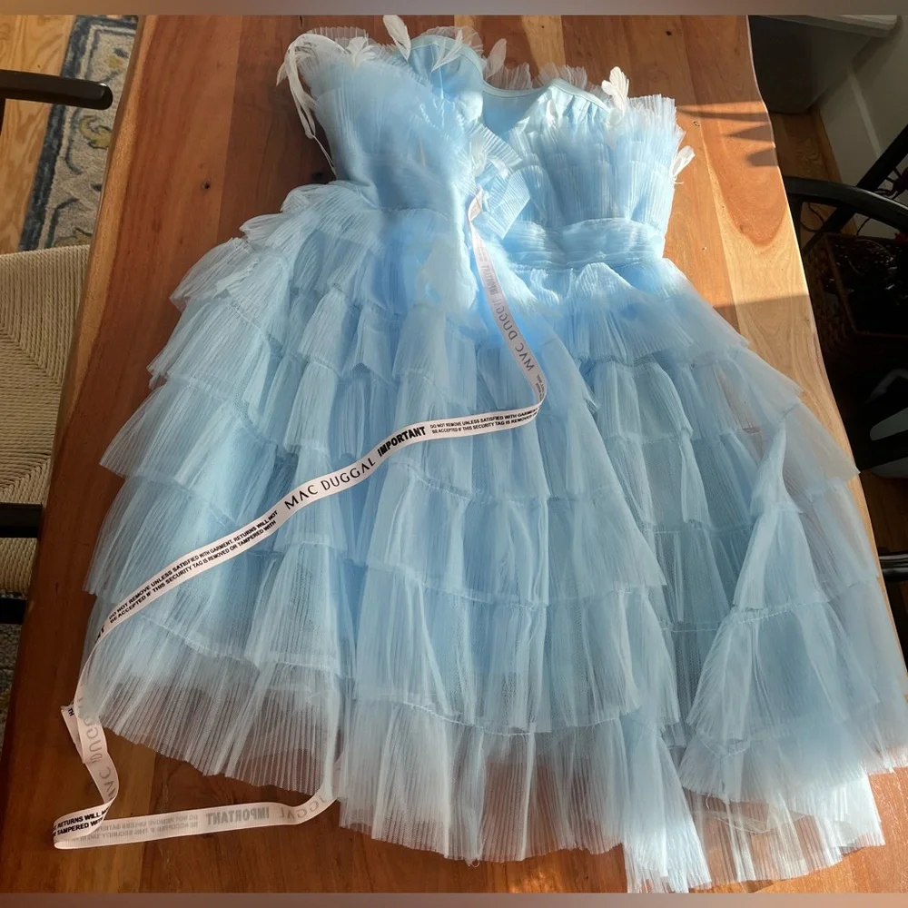 NWT Mac Duggal Feathered Strapless Tulle Fit + Flare Dress Powder Blue - Sz 10 - Picture 7 of 8